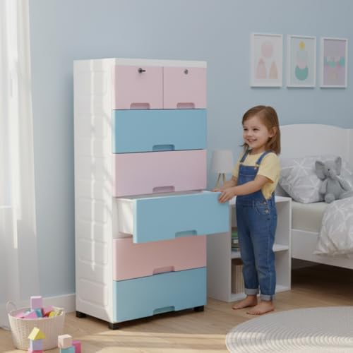 Image of The Tickle Toe Plastic Chest of 7 Drawers for Kids | Pink & Blue Multipurpose Organizer with 2 Locks | Dresser Storage Cabinet for Toys & Clothes | Glossy Finish | 51L x 33W x 121H cm