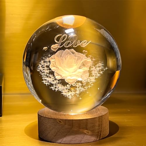 3D Crystal Ball,Night Light,Rose Crystal Lamp,Figurine Lights,Moon Ball 3.15 Inch,with Wood Base,Idea Gift,for Bedroom, Birthdays, Mother's Day - Image 3