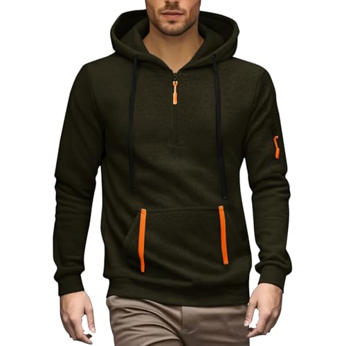Herren-Kapuzenpullover mit mehreren Taschen, Viertelreißverschluss, langärmelig, elastische Bündchen, Kapuzenpullover, Kängurutasche, Kordelzug, Sweatshirt, einfarbig, normale Passform, Oberbekleidung