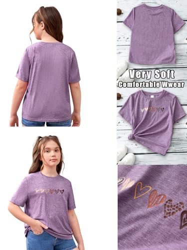 Image of OYOANGLE Girl's Heart Print Short Sleeve Round Neck T-Shirt Funny Graphic Tees Cute Top Purple 10Y