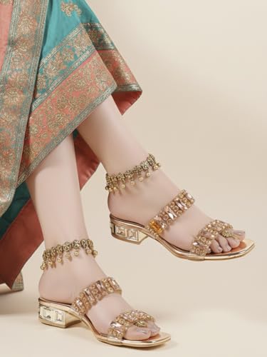 Image of ELLE Women's Dual Strap Embellished Sandal Gemstone Adorned Low Heel