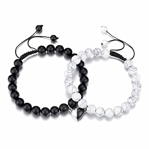Jovivi Couples Bracelets 8mm Natural Stone Beads Healing Crystals Stretch Bracelet Matching Heart Charms Adjustable for His and Her Jewelry Lovers Best Friends Friendship Gifts2