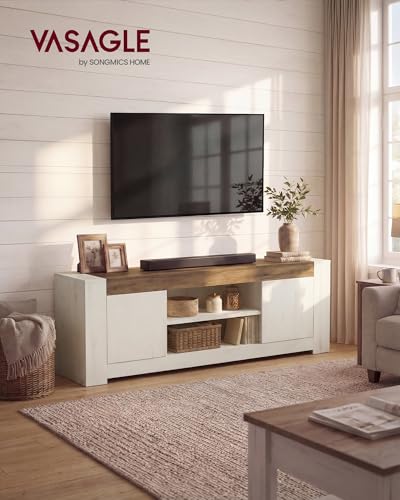 Image of VASAGLE TV Stand, Farmhouse Entertainment Center with Storage Cabinets | Media Console Table for Living Room, Bedroom, for 80 Inch TV, Rustic White and Honey Brown ULTV624W201S