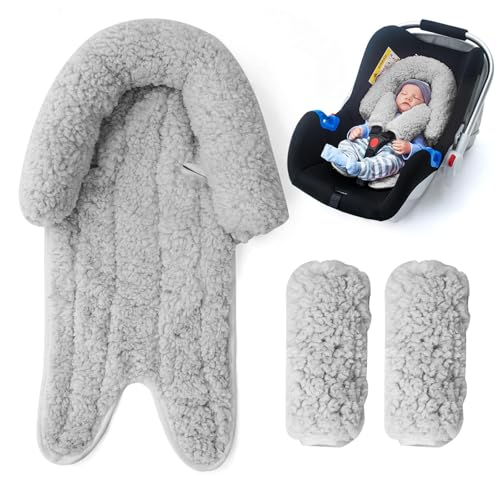 Image of Winter Carseat Head Support for Infant, Infant Car Seat Insert with 2 Car Seat Strap Pads, Plush Fleece Baby Car Seat Cushion for Boys Girls, Multi-use Stroller Padding for Swing, Bouncer, Rocker