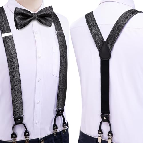Image of Hi-Tie Men Suspender Bowtie Set Suspenders Pre-tied Bow Tie Pocket Square Cufflinks Adjustable Y Shape 6 Clips Braces Tuxedo