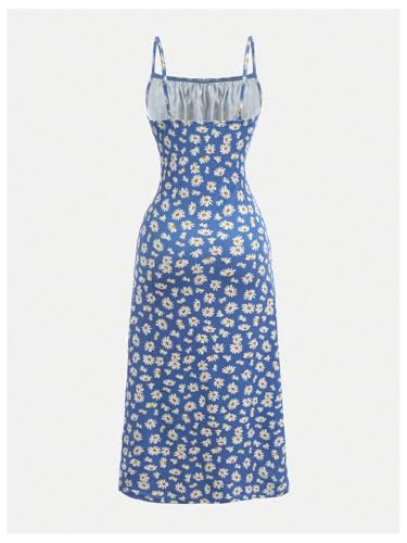 Girl's Floral Summer Dress Split Hem Ruched Bust Spaghetti Strap Cami Midi Teen Dress Sundress2