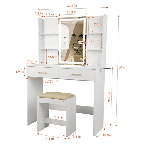 Image of QUALIKRAFT White Vanity Set with LED Mirror & Stool, Makeup Desk with Built-in Power Outlet (2 AC & 2 USB), 2 Large Drawers & 6 Shelves, Lighted Dressing Table for Bedroom Organization
