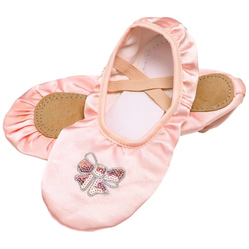 Girls Satin Ballet Dance Shoes Bow Split Sole Dance Shoes Roll Up Slippers Ballroom Dance Shoes