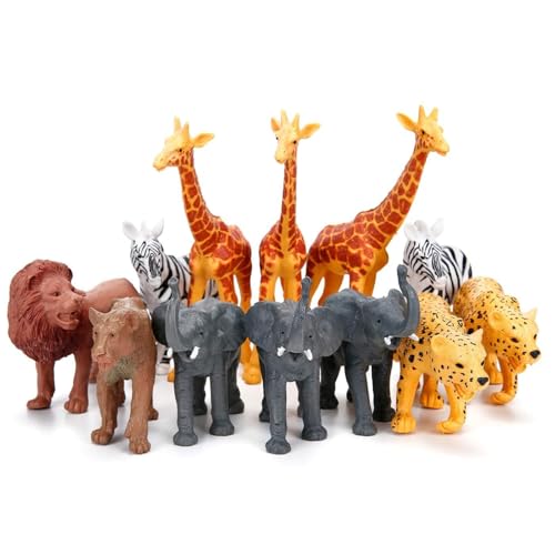 Safari Animals Figures, 12 Piece Jungle Zoo Animals Toys with Realistic African Animal Elephant, Giraffe, Lion for Toddlers, Kids Birthday