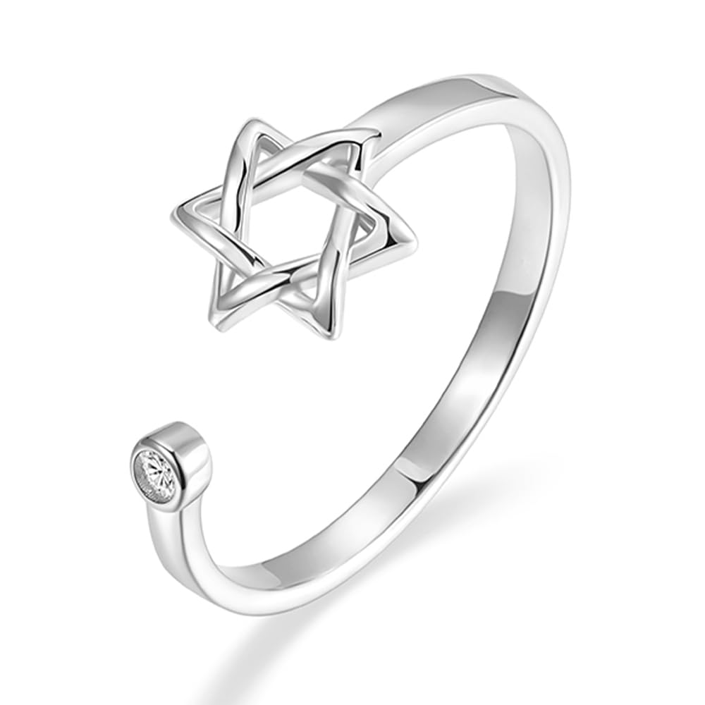 YILUOCDStar of David Zircon Ring for Women, Simple Magen David Wiccan Amulet, Hexagram Adjustable Rings Jewish Jewelry