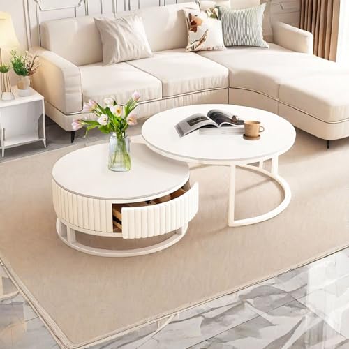 Ronde Table Basse Salon Blanche 50+70cm Tables Basses De Salon Moderne Table D'appoint Avec Tiroirs Table Basse Gigogne 2 En 1 Tables De Salon Avec Pieds En...