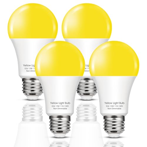 Flaspar 150W Equivalent Yellow LED Bug Light Bulbs Outside, A19 LED Yellow Bug Bulb Outdoor, 13W Amber Porch Light Bulb, E26 Base, Not-Dimmable, Ideal for Halloween, Patio, Deck, Backyard, 4 Pack
