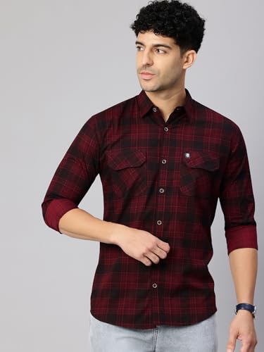 Image of Majestic Man Men's Pure Cotton Cargo Checkered Shirt with Dual Flap Pockets - Slim Fit | Full Sleeve | Casual Wear | Trendy & Comfortable