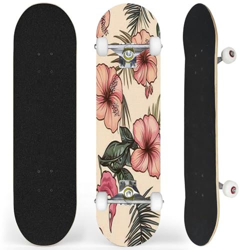 Complete Skateboard with Tropical Light Vintage Seamless Beautiful Hibiscus Monstera Palm Beginner Skateboard 7-Layer Maple Wood Double Kick Concave Skateboards for Kids, Adults, Teens 31
