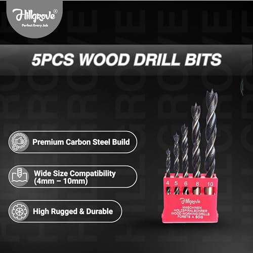 Image of Hillgrove HGCM1104M2 500W Power Drill Machine with 5Pcs Wood Drill Bits for Making Holes in Metal /Wood /Concrete Pistol Grip Drill (10 mm Chuck Size)