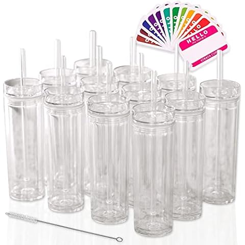 STRATA CUPS 12 Pack Skinny Clear Tumblers with Lid and Straw Bulk - 16oz Double Wall White Acrylic Tumblers With FREE Straw Cleaner & Name Tags! Clear Reusable Cup, Large Clear tumblers for Parties Cover