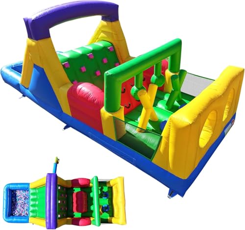 Commercial Bounce House for Big Kids 8-12(950W Blower)(100% PVC),22FT(L) Inflatable Obstacle Course with Water Slides&Ball Pit,Tunnels,Climbing,Obstacles Great for Party and Events 22x8x8.2FT