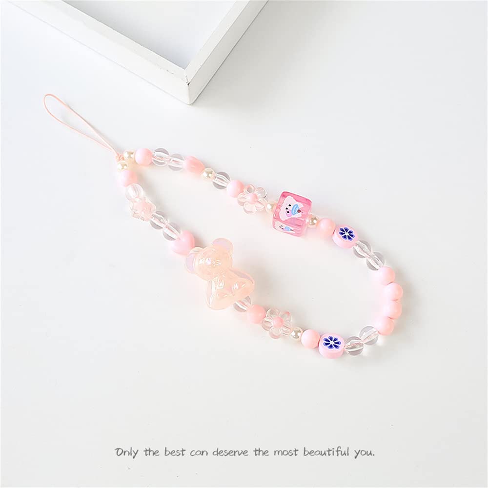 Beaded Kawaii Bear Phone Charm Lanyard Wristband Colorful Flower Charm Anti-Loss Chain Accessories Sweet Gift-A Pink