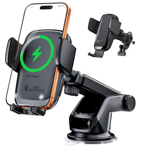KPON Handyhalterung Auto mit Ladefunktion, 15W Qi Induktive Ladestation Auto mit Sauger & Clip, Automatische Klemmung Kfz Wireless Charger für iPhone 17/16/15/14/13, Samsung (Ohne Zigarettenanzünder)