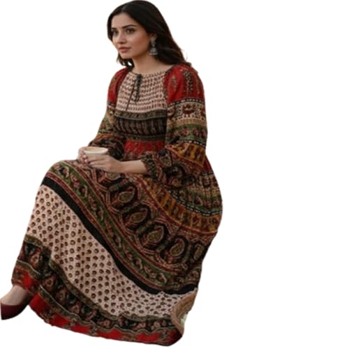 Image of Women's Cotton Dress Jaipuri Sanganeri Print Midi Long Dress Printed Fit and Flare Maxi Dress A-Line Gown Dress Maxi Skirt, Mandala (Free Size)