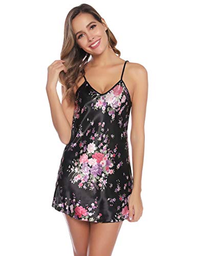 Aiboria Mujer Camisón Satén Negligee Sexy Verano Vestido De Pijama Floral Impreso Sin Manga Camisón Pijame Saten Mujer