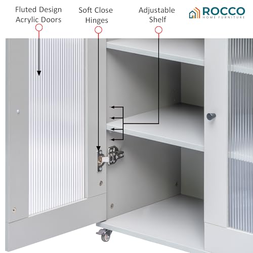 Image of Rocco Walky Kitchen Island Storage Cabinet with Wheels, Solid Rubber Wood Top, Fluted Acrylic Doors, Built-in Power Sockets & LED Lights, Soft-Close Hinges & Side Organizer (Grey, Medium Size)