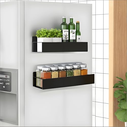 RichinMor Étagère Magnétique Frigo, Lot de 2 Etagere Aimantée pour Frigo avec 4 Crochets, Métal Porte Épices Magnétique Range Epices Aimanté pour...