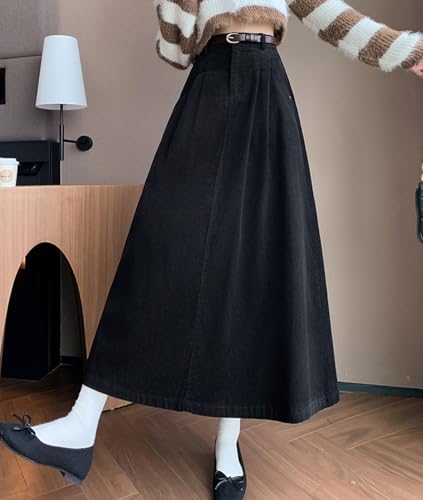 Femiserah Women's Corduroy Long Skirt Elastic High Waist A-Line Pleated Long Skirt with Pockets3
