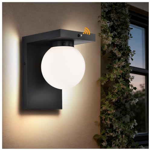 Image of Large LED Outdoor Wall Lights, Frosted Glass Globe Shade Outdoor Sconce, Black Exterior Light Fixtures with Dusk to Dawn Sensor, Waterproof 12W 3000K for Front Door, Garage, Patio, Porch, 1 Pack