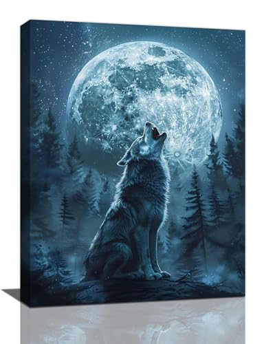 Wolf Wall Art Wolf Full Moon Pictures Wall Decor Wildlife Forst Moonlight Painting Canvas Framed Modern Home Artwork Decoration for Bedroom Bathroom Living Room Office 12"x16"