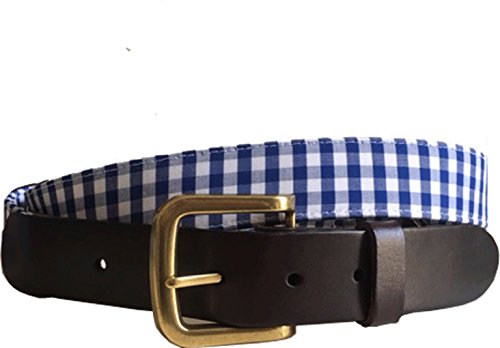 Mens Nautical Gingham Tucker Blue Plaid Leather Belt, Leather Tab and Buckle, Plaid Leather Belt