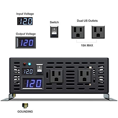 1500W Continuous/ 3000W Peak Pure Sine Wave Inverter DC 12V to AC 120V Car Power Inverter with Dual AC Outlets
