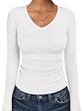 ANRABESS Long Sleeve Shirts for Women V Neck Ribbed Knit Fitted Fall Basic Tshirts Going Out Tops 2025 Casual Trendy Clothes White Small