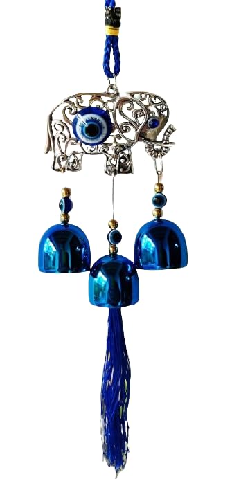 Image of Evil Eye Wind Chime 3 Bells Blue Elephant Wall Hanging for Home & Office Protection Brings Positive Vibes & Removes Negative Energy for Car Hanging Evil Eye