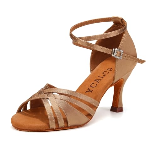 YCALCP Women Latin Dance Shoes Open Toe Satin Professional Salsa Bachata Performance Ballroom Dancing Shoes,L3049-Light Brown-7.5,US 6