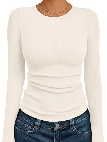 AUTOMET Women's Ribbed Long Sleeve Basic Top - Soft Stretch Crewneck Shirt for Work & Casual Beige M