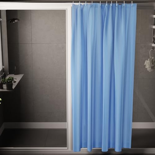 Image of Encasa XO Waterproof Shower Curtain for Bathroom 6 x 6 feet(183x183 cm), Anti-Fungal Polyester Washroom Curtain with 12 Hooks, Wet & Dry Partition Toilet Curtains Stripe Blue