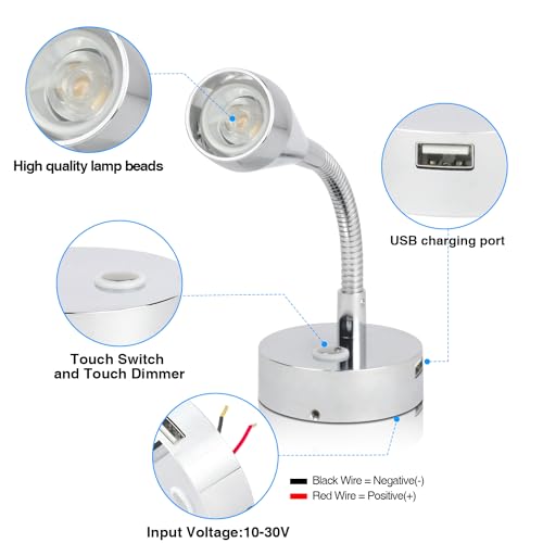 lighteu 12V/24V 2W Gooseneck Wall LED Reading Light F2 Spotlight with Push Lens Switch and USB Port Nickel Finish Wall Light Bedside Light Boat Yacht Caravan RV - Image 4