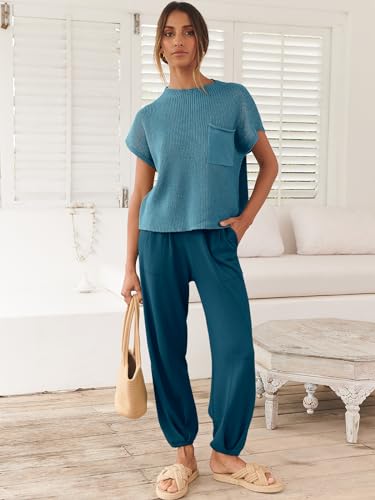 Image of ANRABESS Women's Two Piece Outfits Sweater Sets Knit Pullover Tops and High Waisted Pants Tracksuit Lounge Sets