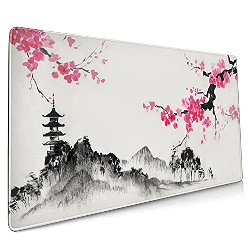 Image of Watercolor Landscape Sakura Cherry Blossom Gaming Mouse Pad 35.4x15.7inch with Stitched Edges Extended Waterproof Desk Mousepad Non-Slip Rubber Base Large Computer Keyboard Mat for Work /Office /Home