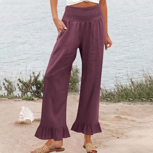 Image of Womens Linen Palazzo Pants Ruffle Hem Drawstring Boho Trousers Beach Travel Vacation Outfits