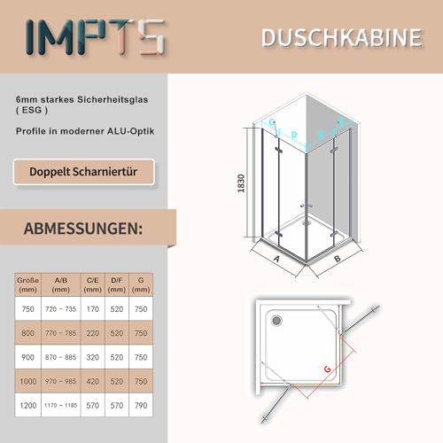IMPTS Duschkabine Eckeinstieg 90X90cm Doppelt Falttür Falttürkabine Duschtür Duschabtrennung mit Diagonalen Sicherheitsstange 6mm ESG Glas Höhe 185 cm, OHNE Duschwanne und Ablaufgarnitur – Bild 5
