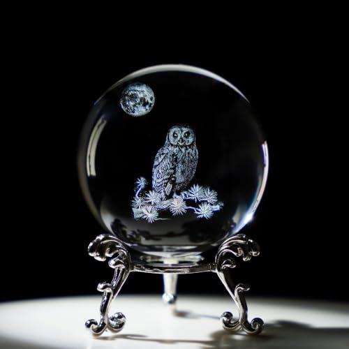 HDCRYSTALGIFTS 60 mm 3D-Laser-Kristallkugel Briefbeschwerer Eule Figuren Glaskugel dekorative Kugeln mit Ständer Geschenk