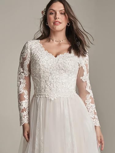 Women's Lace Beach Wedding Dresses for Bride 2025 V Neck Tulle Applique Bridal Gowns with Long Sleeve3