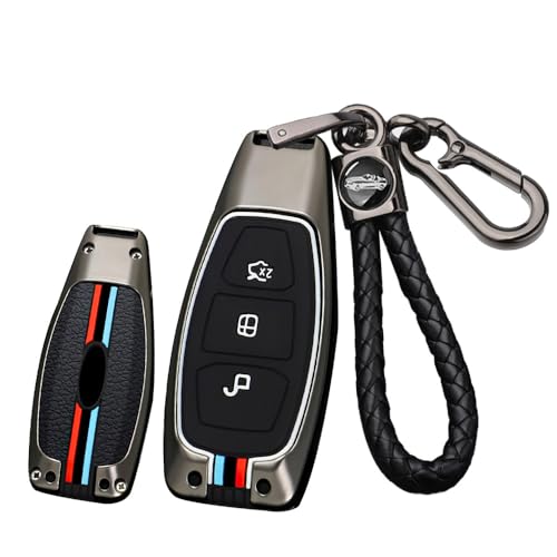 ontto Coque de protection en métal pour clé de voiture Ford Kuga Focus Mk3 Mk4 Mondeo Fiesta Titanium Ecosport Transit MK8 3 boutons A Noir