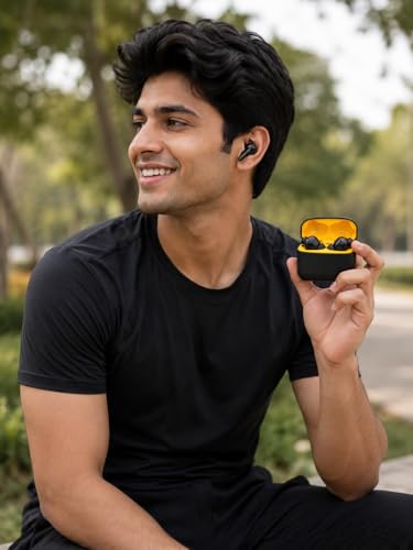 Image of Pods Black Gold Edition Bluetooth 5.3 Wireless Earbuds with ENC Noise Cancellation, 10mm Drivers, 30+ Hours Playtime, Smart Touch Control, Type-C Fast Charging, Deep Bass TWS Earphones (Black)