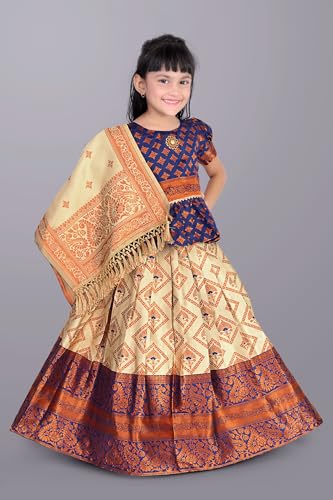 Image of Girls Pattu Pavadai Ready to Wear Lehenga, Blouse & Dupatta Set - Heavy Jacquard Fabric, Fully Stitched