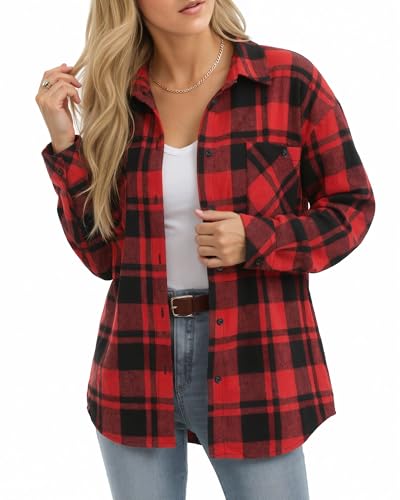 MANGOPOP Year-Round Flannel Shirt for Women - Lightweight Oversized Long Sleeve Button Down Plaid for Effortless Layering Red Black Plaid Large