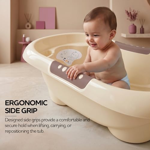 Image of Baybee Lovely Baby Bath Tub for 0 to 5 Years | Ergonomic Bath Tub for Kids with Quick Drain & Storage | Premium Baby Bather with Non Slip Base & Side Grip Bathing Tubs for Boys Girls (Beige)