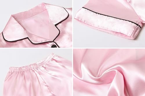 Image of Umeyda Women & Girls Pajamas Set, Soft Satin Lightweight Silk Button-Down Top with Shorts 2 Piece PJS for Mom Boys Kids Gifts